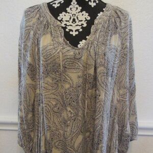 Como Vintage Women's Cowboy Blouse Brown Blue Paisley 3/4 Elastic Sleeves VNeck